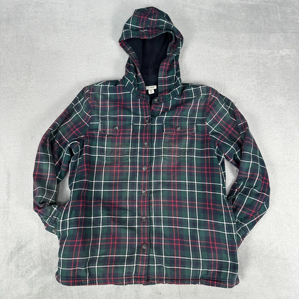 LL Bean Plaid Hooded Jacket Womens Size M Petite Green‎ Red Fleece Lined Buttons